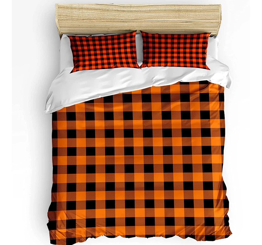 Personalized Bedding Set - Rural Style Checkered Orange Black Included 1 Ultra Soft Duvet Cover or Quilt and 2 Lightweight Breathe Pillowcases