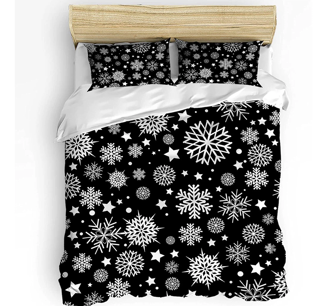 Personalized Bedding Set - Christmas Snowflake Filling Black Backdrop Included 1 Ultra Soft Duvet Cover or Quilt and 2 Lightweight Breathe Pillowcases