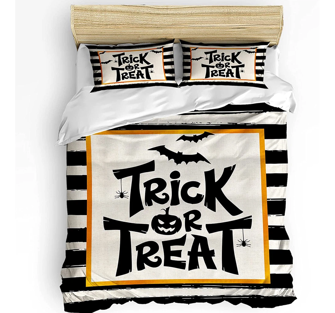Personalized Bedding Set - Halloween Theme Trick Treat Cozy Black White Stripes Included 1 Ultra Soft Duvet Cover or Quilt and 2 Lightweight Breathe Pillowcases