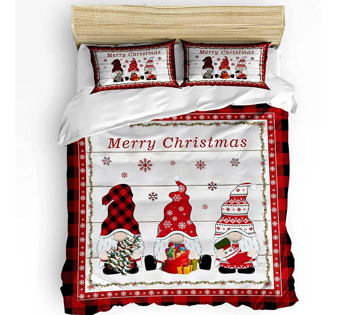 Personalized Bedding Set - Christmas Gnomes Snowflake Wooden Plaid Included 1 Ultra Soft Duvet Cover or Quilt and 2 Lightweight Breathe Pillowcases