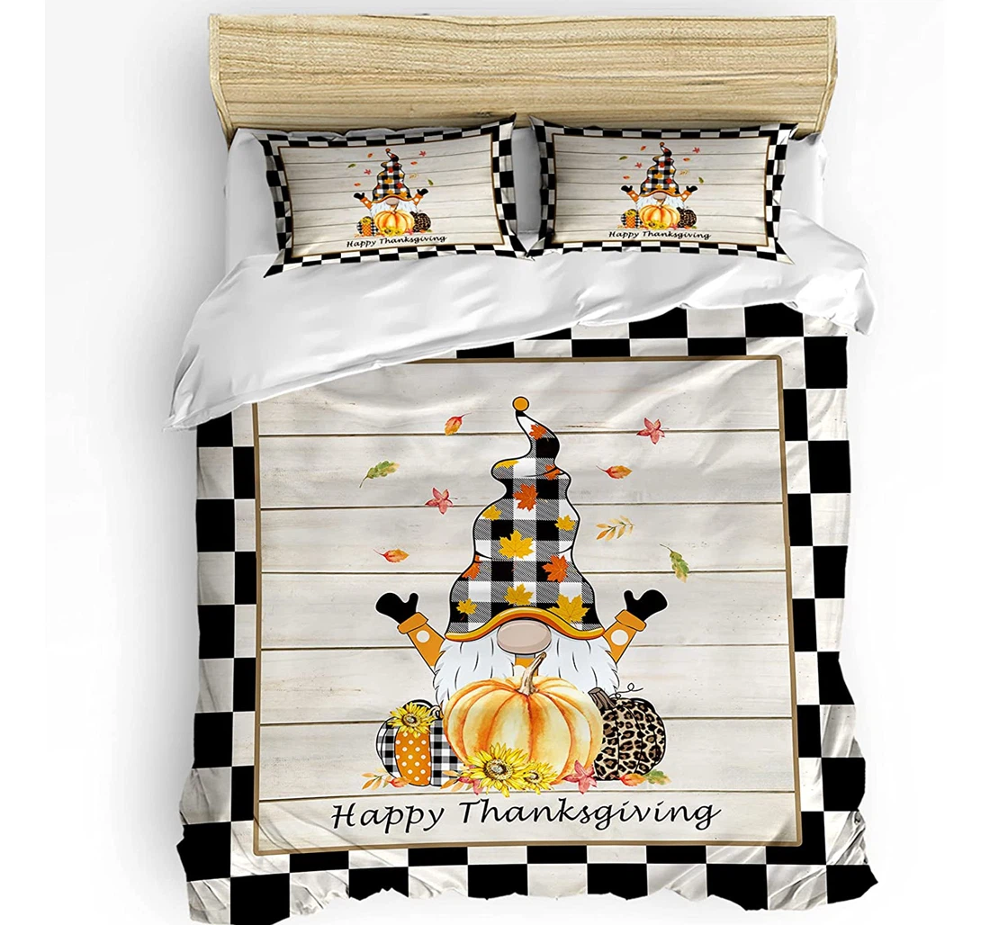 Personalized Bedding Set - Thanksgiving Dwarf Pumpkin On Wood Cozy Rural Grid Included 1 Ultra Soft Duvet Cover or Quilt and 2 Lightweight Breathe Pillowcases