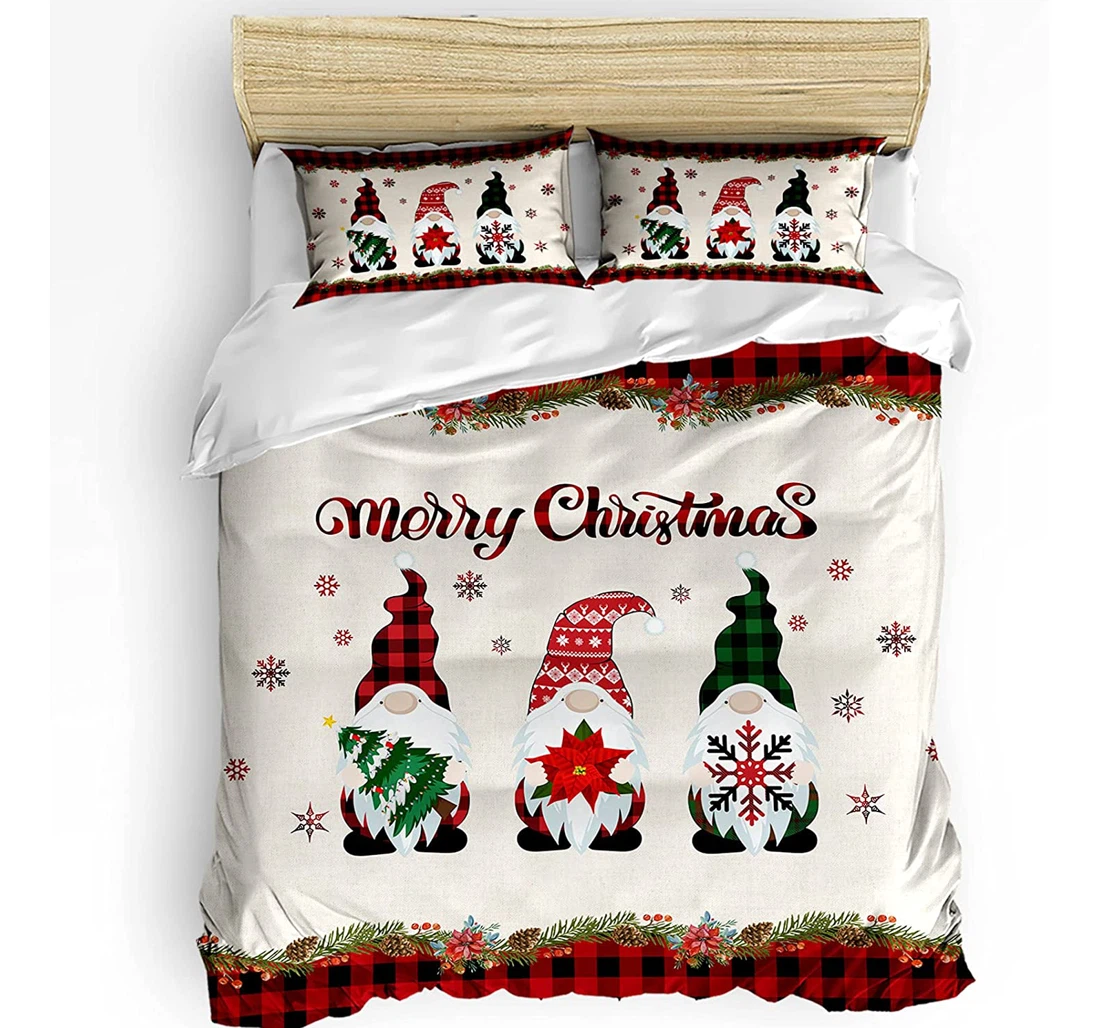 Personalized Bedding Set - Christmas Gnomes Tree Snowflake Poinsettia Included 1 Ultra Soft Duvet Cover or Quilt and 2 Lightweight Breathe Pillowcases