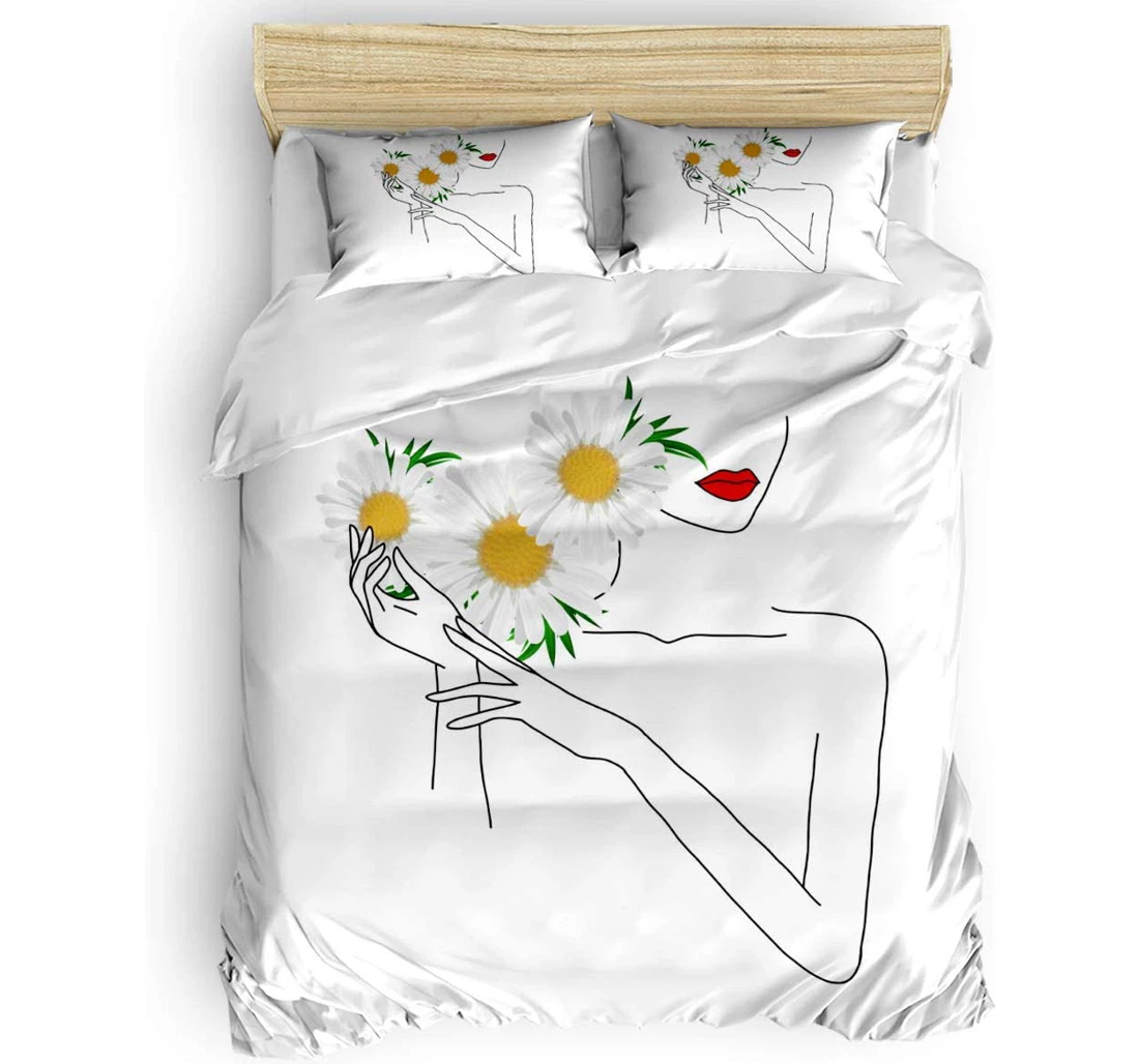 Personalized Bedding Set - Sexy Women Lip Daisy Flowers Lady Line Sketch Included 1 Ultra Soft Duvet Cover or Quilt and 2 Lightweight Breathe Pillowcases
