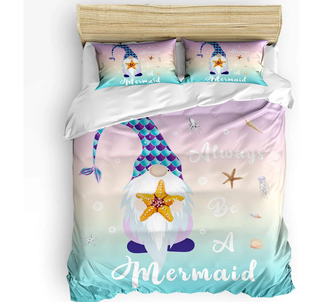 Personalized Bedding Set - Scale Gnomes Always Be Mermaid Starfish Pattern Cozy Included 1 Ultra Soft Duvet Cover or Quilt and 2 Lightweight Breathe Pillowcases