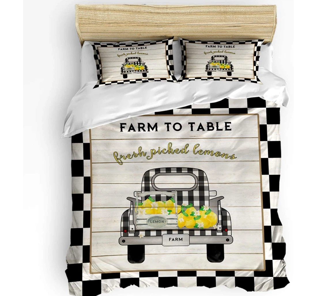 Personalized Bedding Set - Fresh Lemon Fruits Truck On Plaid Plank Texture Cozy Included 1 Ultra Soft Duvet Cover or Quilt and 2 Lightweight Breathe Pillowcases