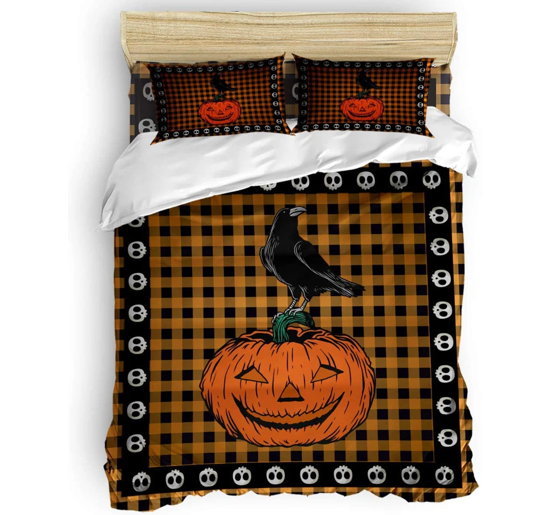 Personalized Bedding Set - Pumpkin Crow Skull Halloween Buffalo Plaid Included 1 Ultra Soft Duvet Cover or Quilt and 2 Lightweight Breathe Pillowcases