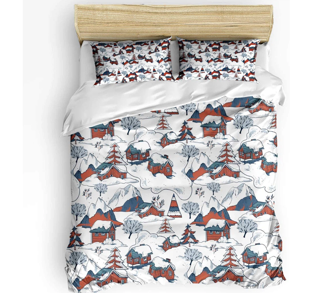 Personalized Bedding Set - Snowy Log Cabin Illustration Cozy Included 1 Ultra Soft Duvet Cover or Quilt and 2 Lightweight Breathe Pillowcases