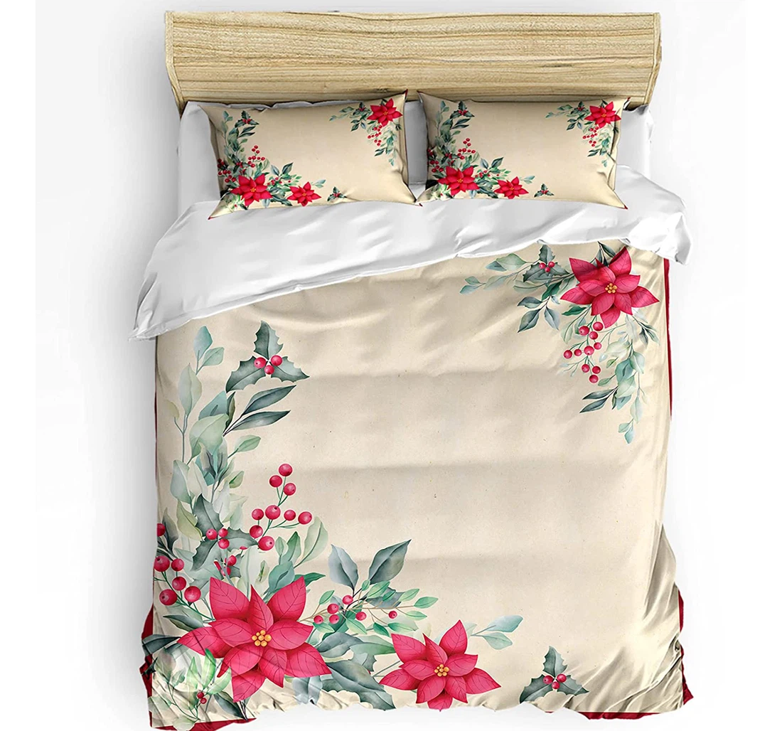 Personalized Bedding Set - Christmas Poinsettia Retro Floral Included 1 Ultra Soft Duvet Cover or Quilt and 2 Lightweight Breathe Pillowcases