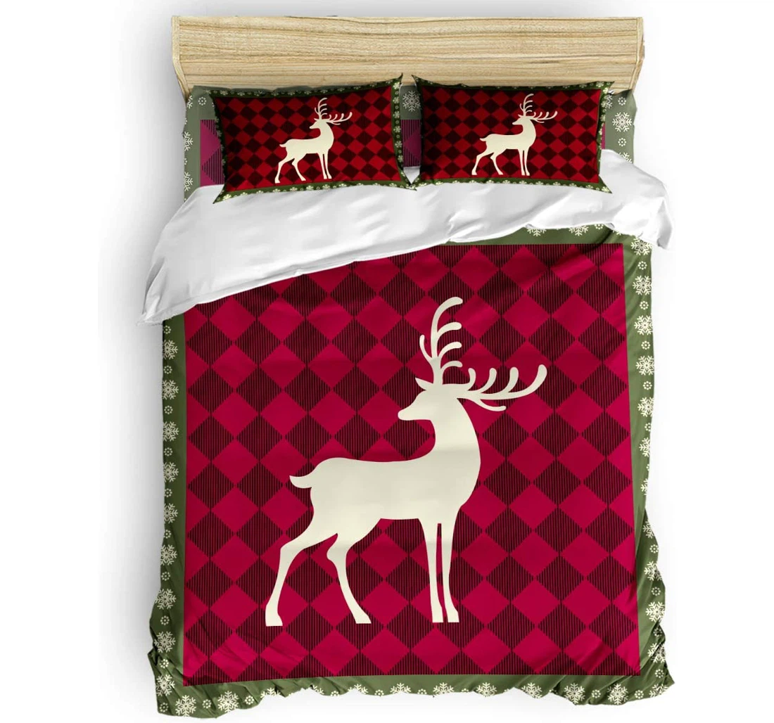 Personalized Bedding Set - Elk Silhouettes Christmas Snowflake Border Included 1 Ultra Soft Duvet Cover or Quilt and 2 Lightweight Breathe Pillowcases