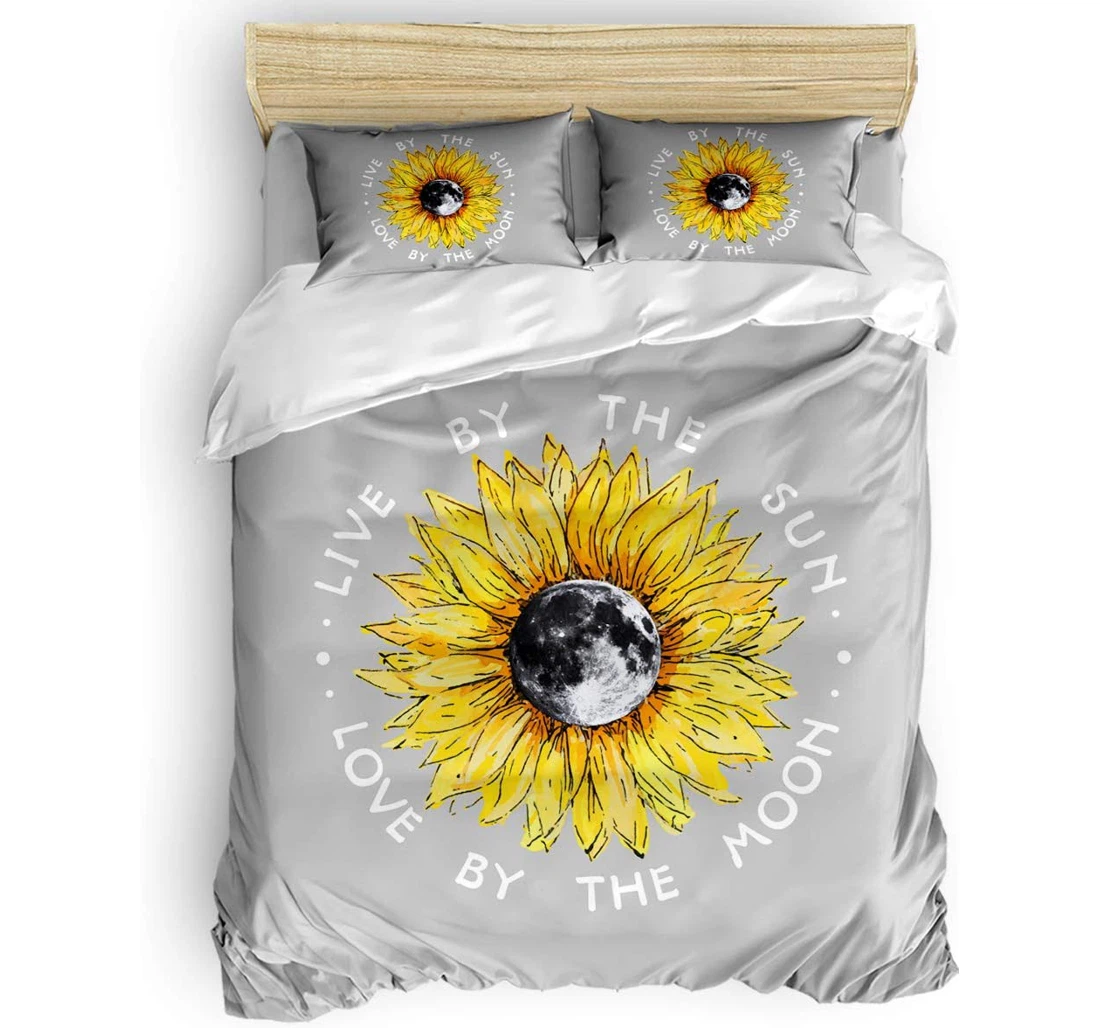 Personalized Bedding Set - Blooming Sunflower Petal Moon Gray Backdrop Included 1 Ultra Soft Duvet Cover or Quilt and 2 Lightweight Breathe Pillowcases