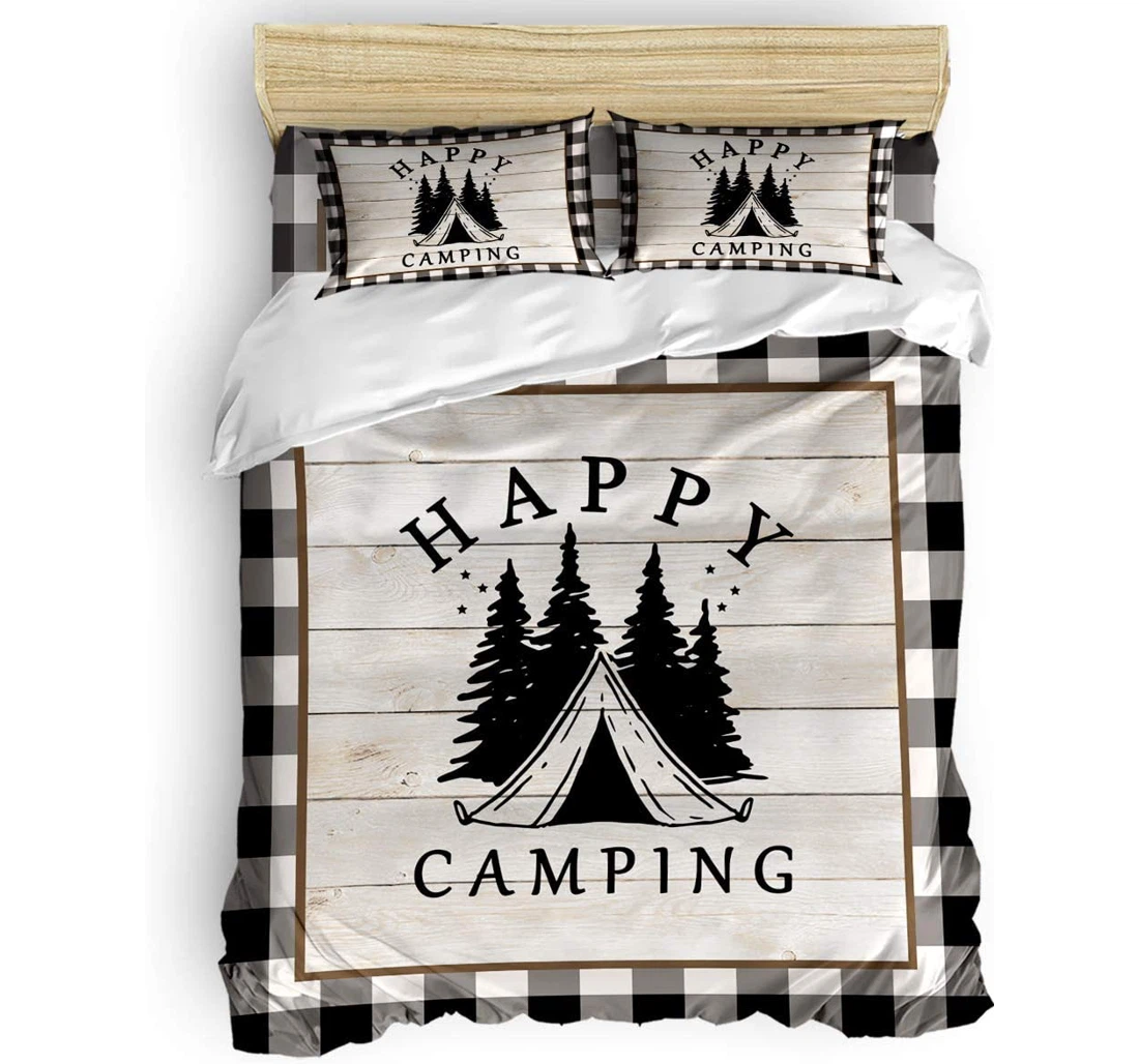 Personalized Bedding Set - Happy Camping Forest On Wooden Board Retro Black White Plaid Included 1 Ultra Soft Duvet Cover or Quilt and 2 Lightweight Breathe Pillowcases