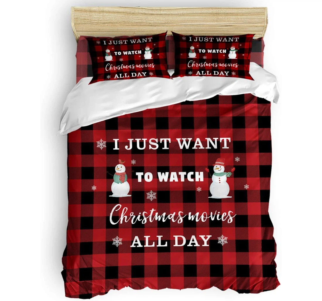 Personalized Bedding Set - Christmas Snowman Snowflake Checkered Black Included 1 Ultra Soft Duvet Cover or Quilt and 2 Lightweight Breathe Pillowcases