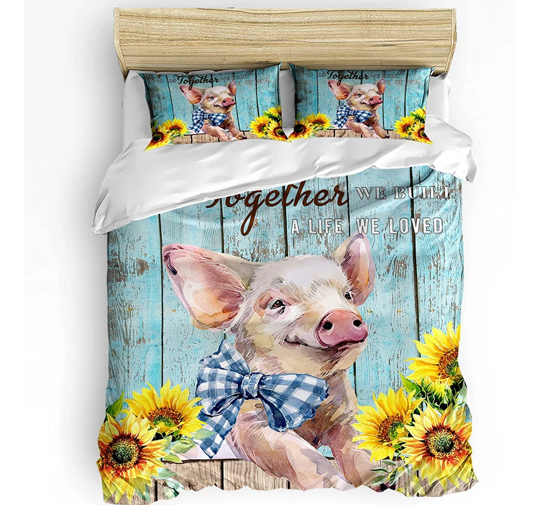 Personalized Bedding Set - Farm Pig Sunflower Rural Cozy Retro Blue Wooden Grain Included 1 Ultra Soft Duvet Cover or Quilt and 2 Lightweight Breathe Pillowcases