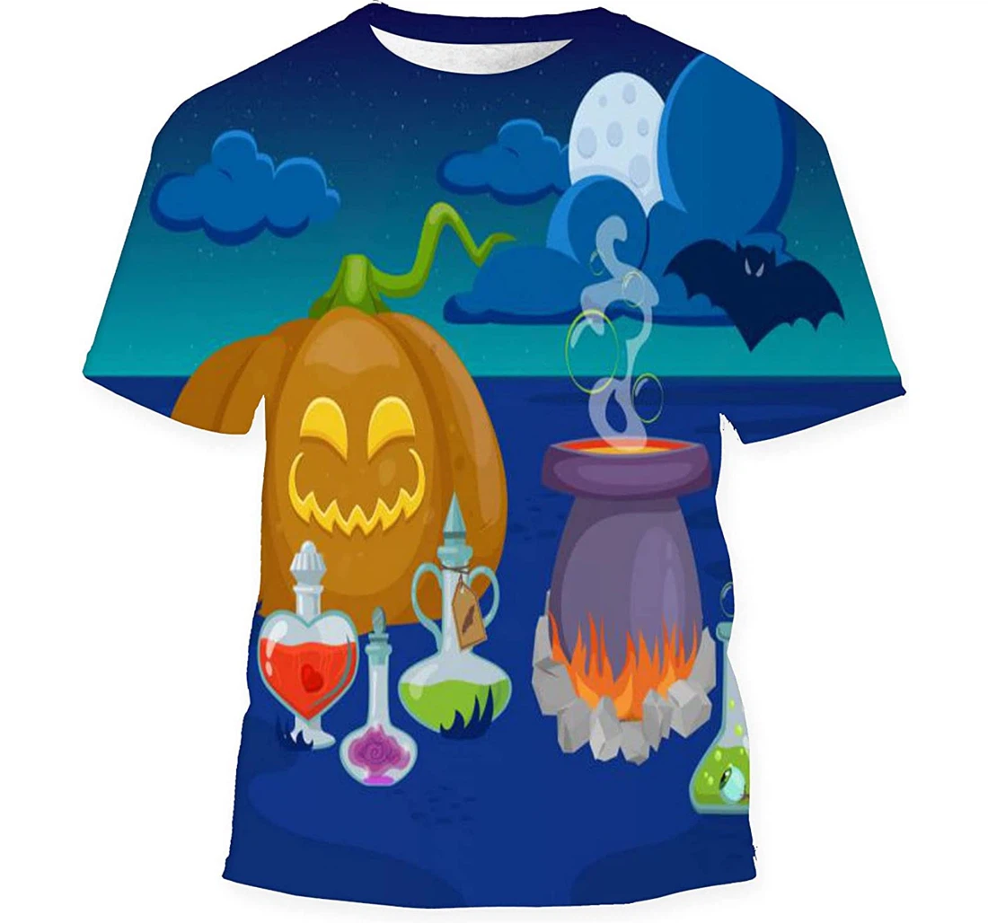 Creepy Pumpkin Cauldron Bottles Potion Bat - 3D Printed T-shirt, Long Sleeves Shirt