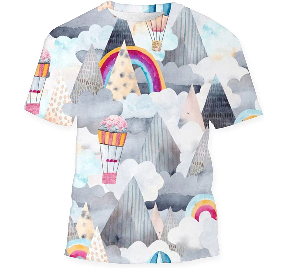 Cute Mountain Landscape Clouds Rainbows Balloons - 3D Printed T-shirt, Long Sleeves Shirt