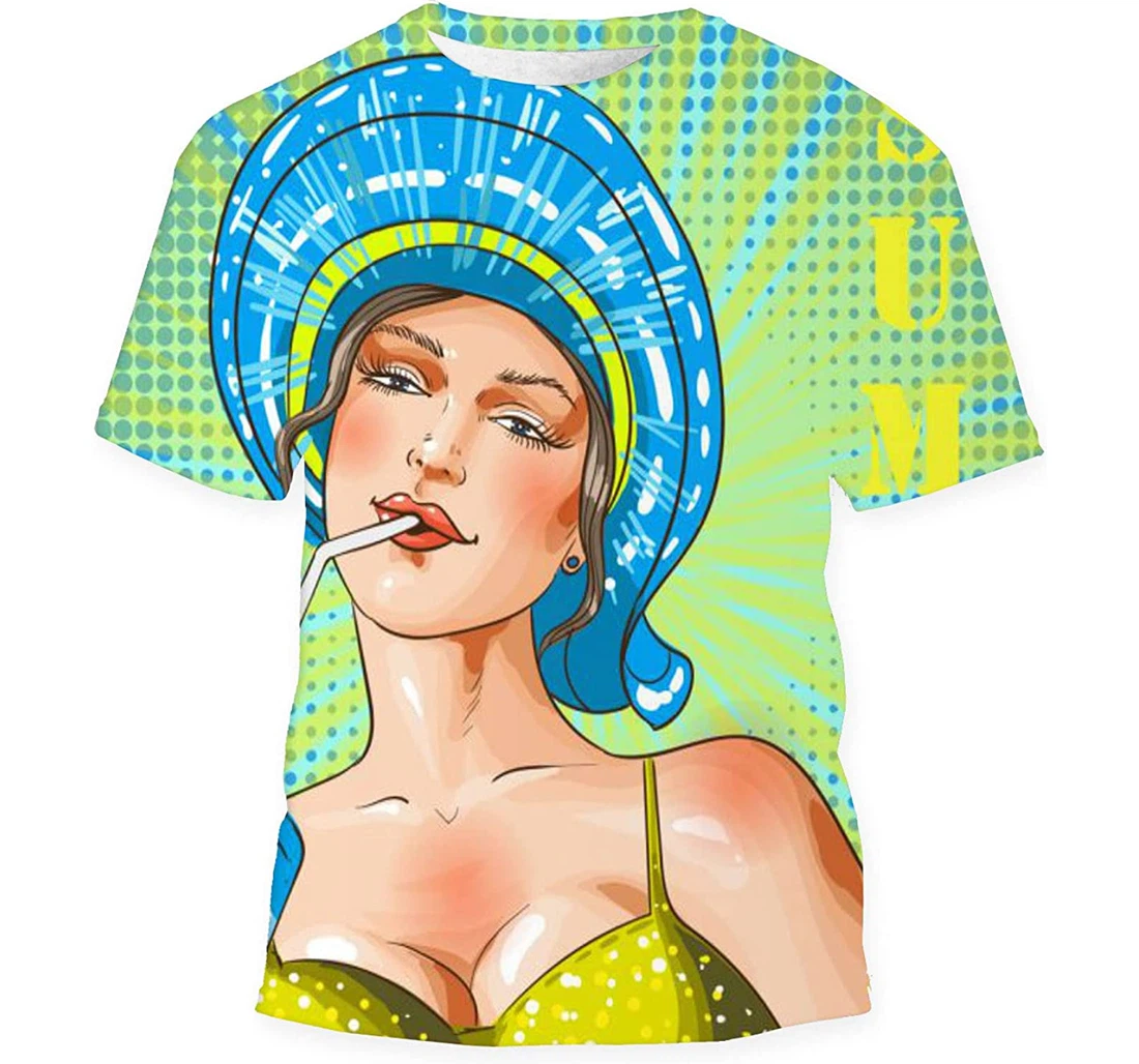 Woman Swimsuit Sun Hat Drinking - 3D Printed T-shirt, Long Sleeves Shirt