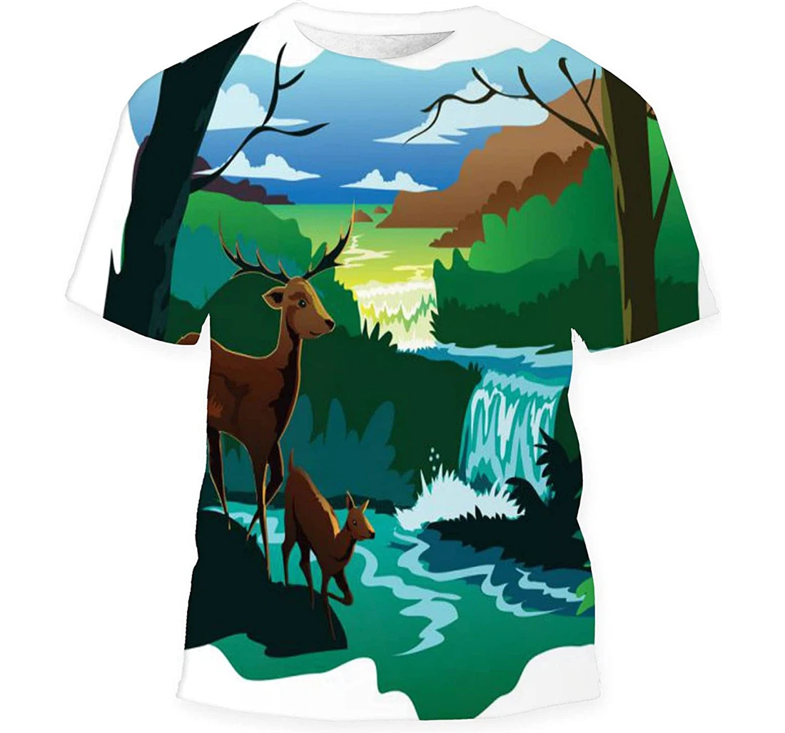 Summer Scenery Wild Deer Looking Water - 3D Printed T-shirt, Long Sleeves Shirt