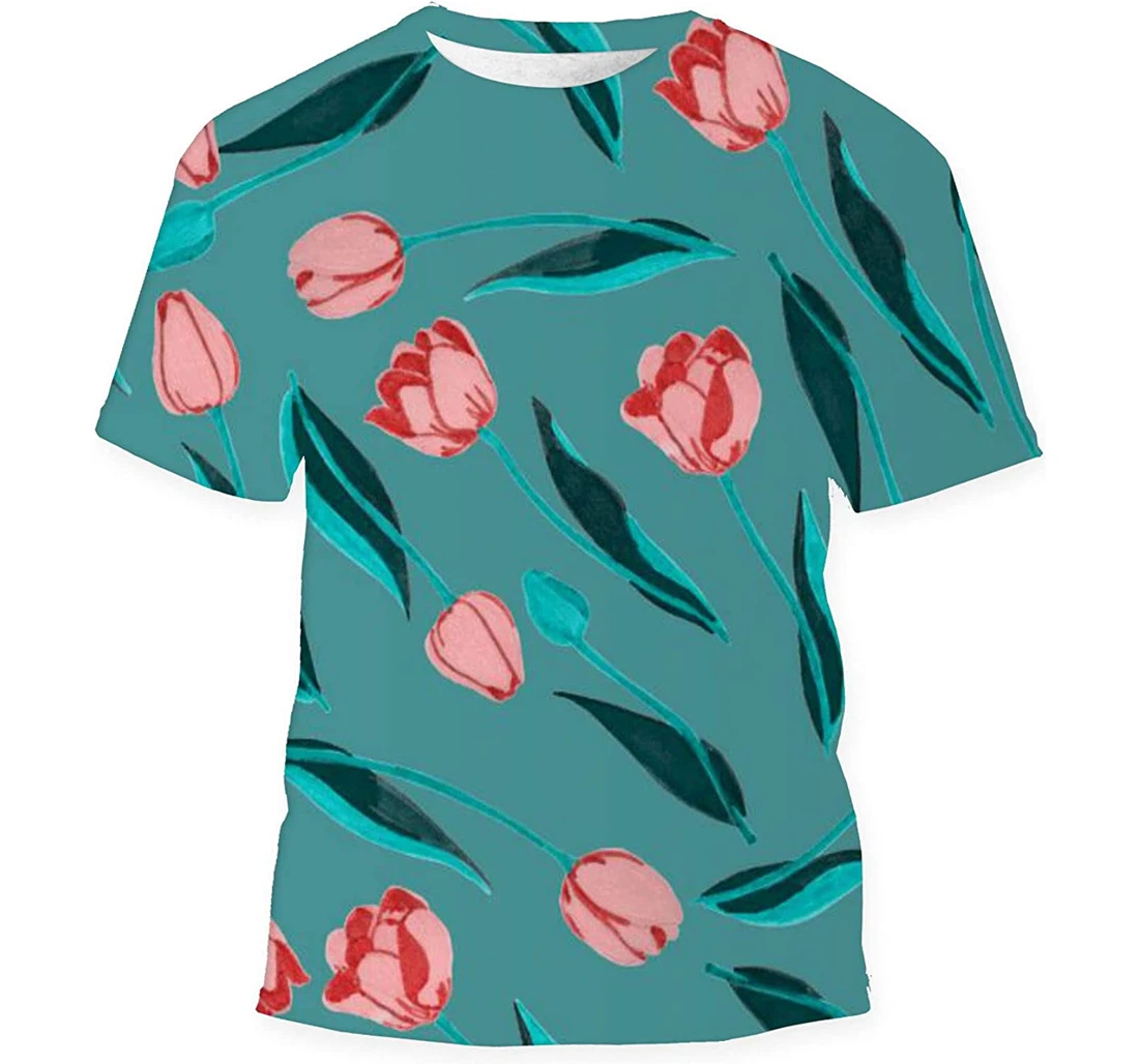 Floral Hand Drawn Tulips - 3D Printed T-shirt, Long Sleeves Shirt