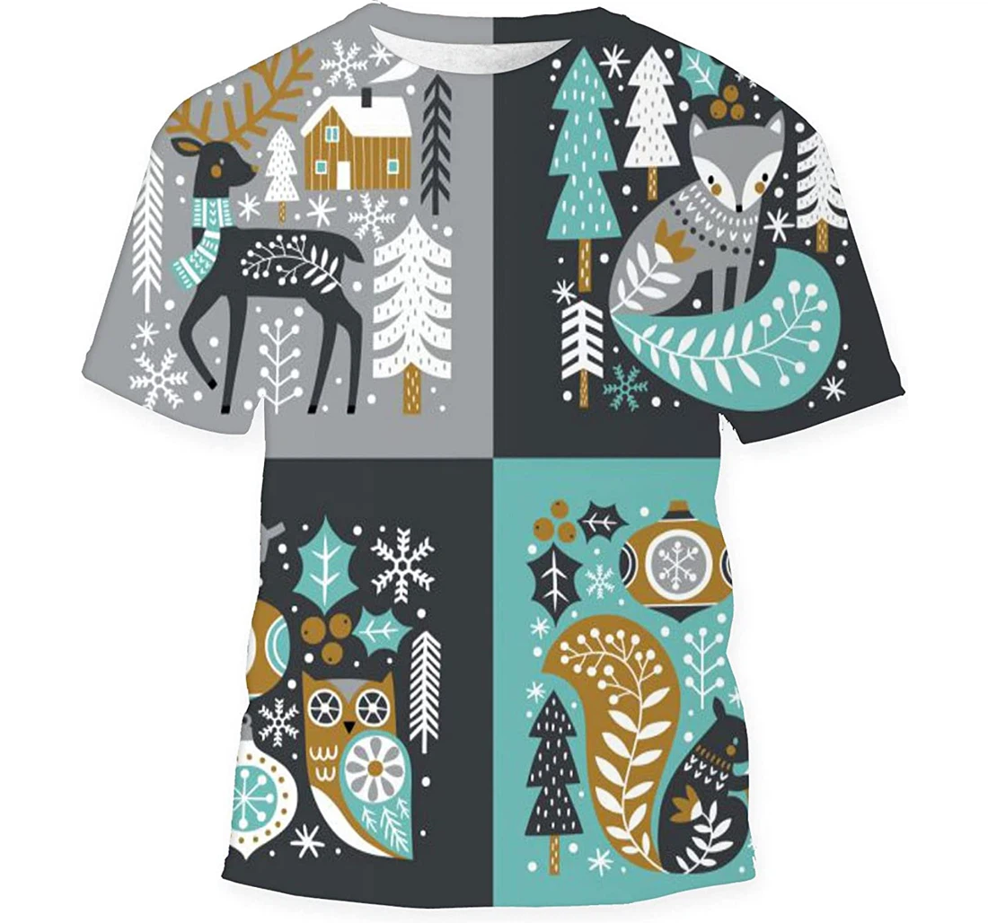 Scandinavian Christmas Cute Woodland Animals - 3D Printed T-shirt, Long Sleeves Shirt