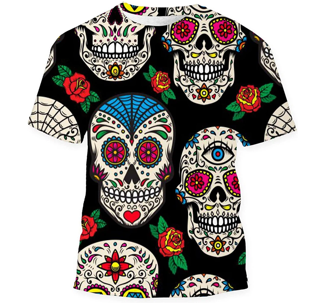 Mexican Sugar Skulls Roses - 3D Printed T-shirt, Long Sleeves Shirt