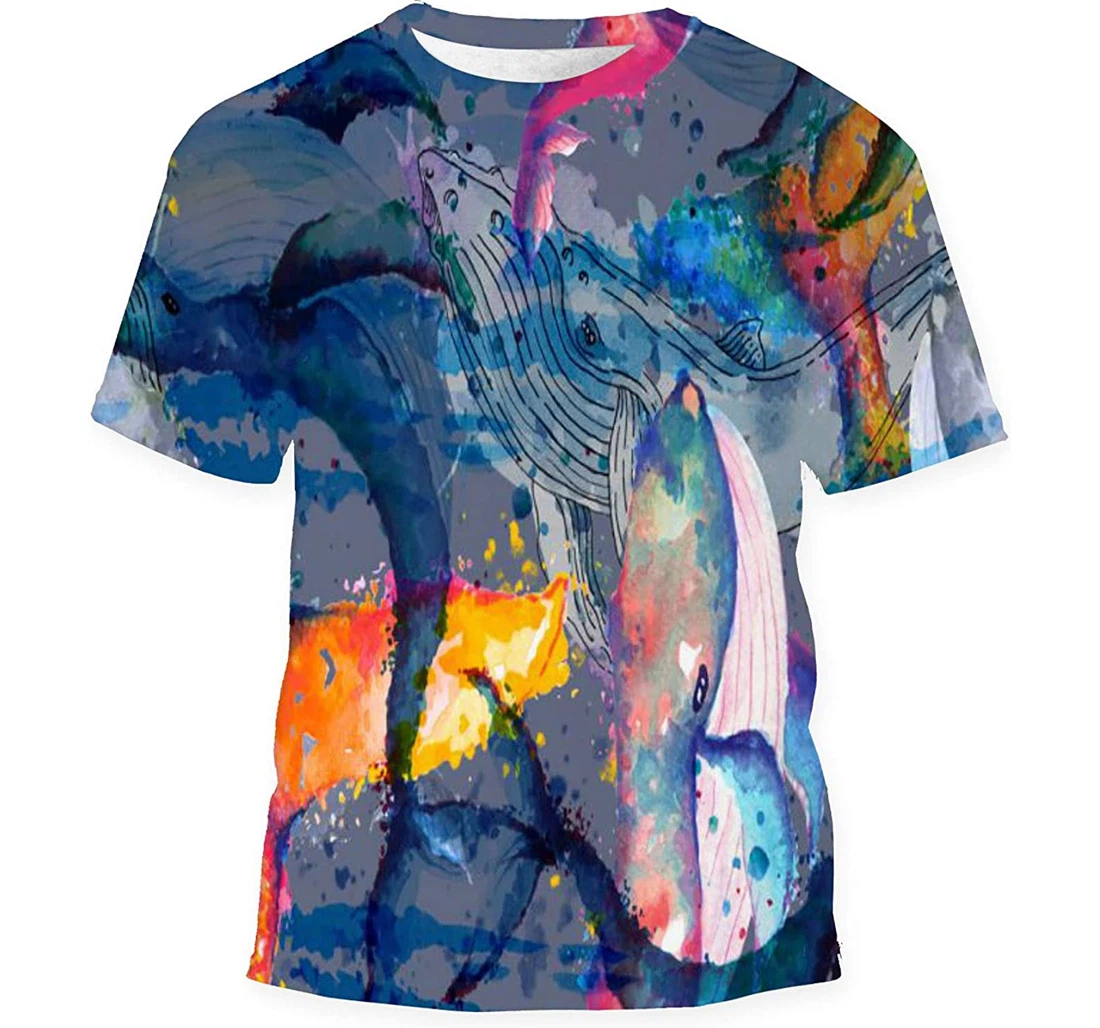 Whales Watercolor Designs Fabric - 3D Printed T-shirt, Long Sleeves Shirt