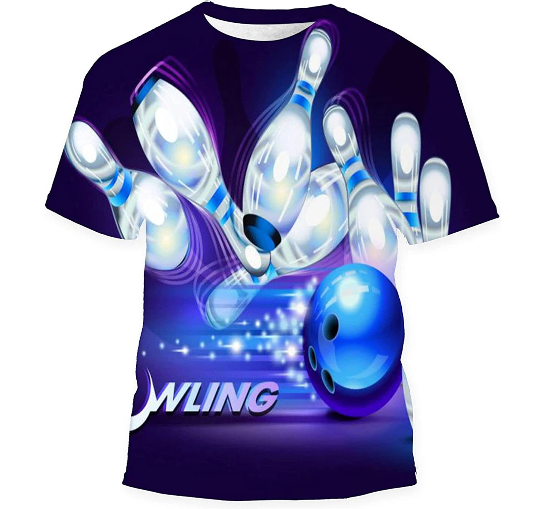 Bowling Game Blue Ball Crashing Into - 3D Printed T-shirt, Long Sleeves Shirt