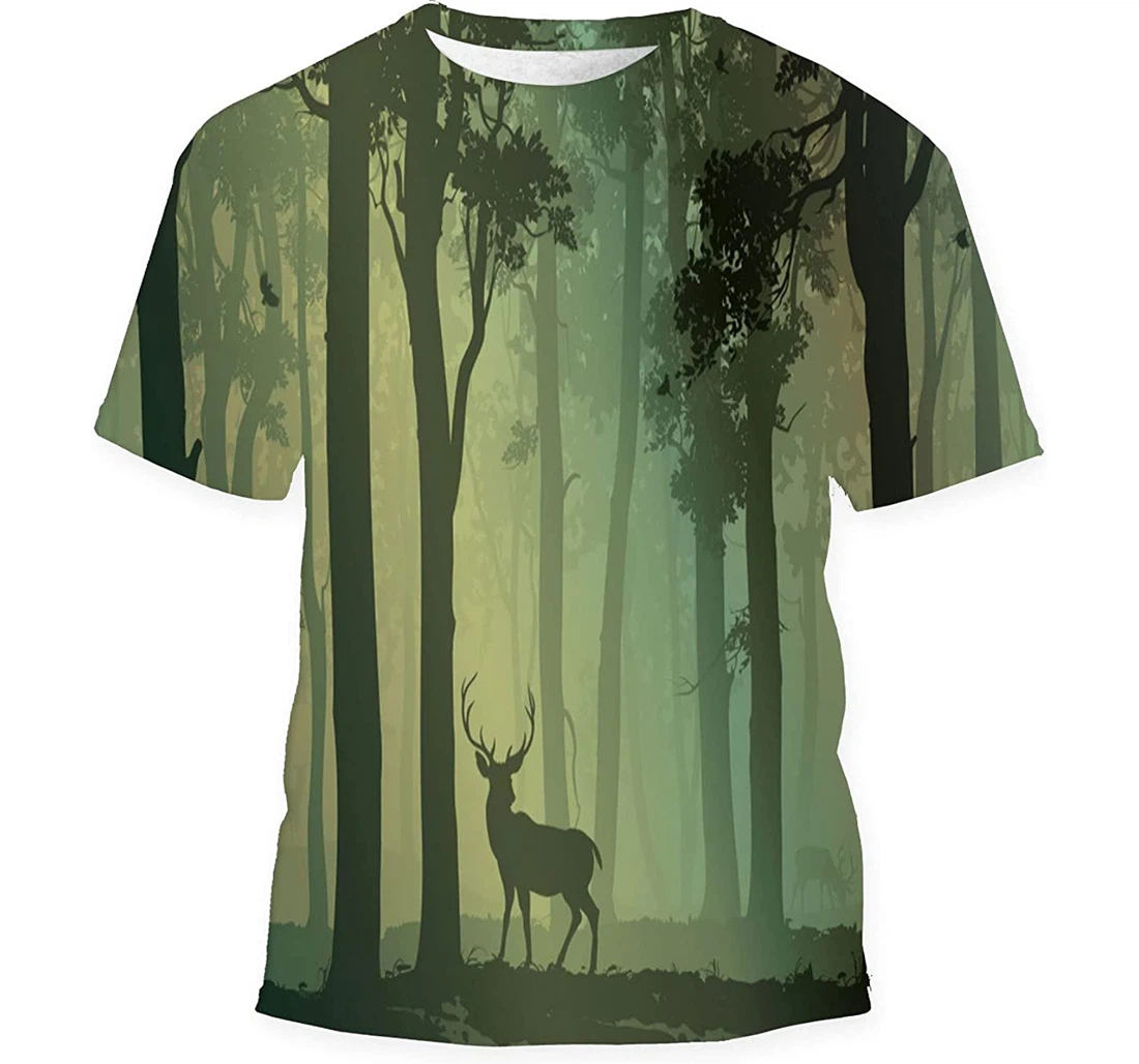 Background Deciduous Forest Birds Deer - 3D Printed T-shirt, Long Sleeves Shirt