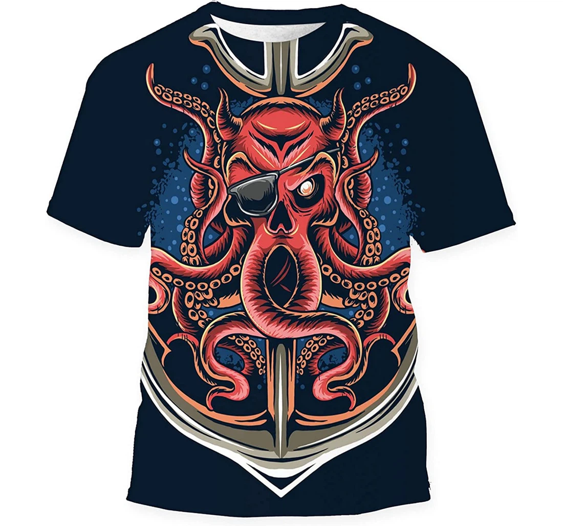 Pirate Octopus Oneeyed Skull Face - 3D Printed T-shirt, Long Sleeves Shirt