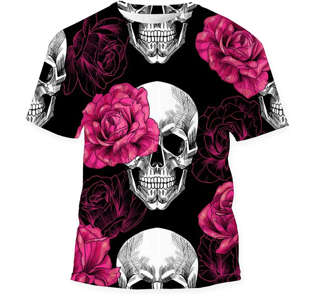 Skulls Pink Roses On Background - 3D Printed T-shirt, Long Sleeves Shirt