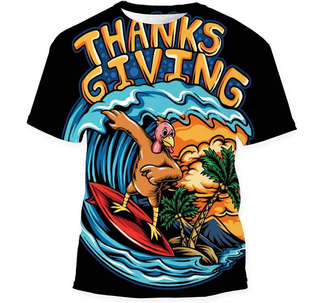 Thanksgiving Holiday Turkey Riding Surf Board - 3D Printed T-shirt, Long Sleeves Shirt