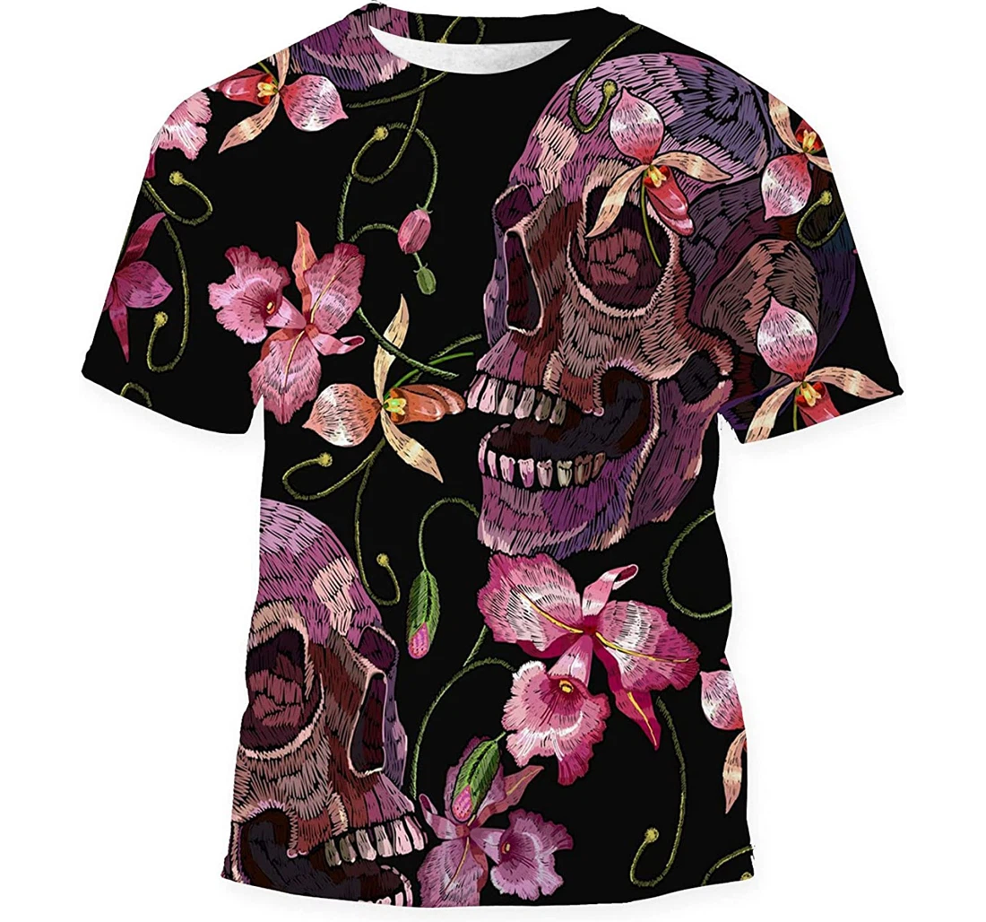 Embroidery Human Skull Pink Orchid Flowers - 3D Printed T-shirt, Long Sleeves Shirt