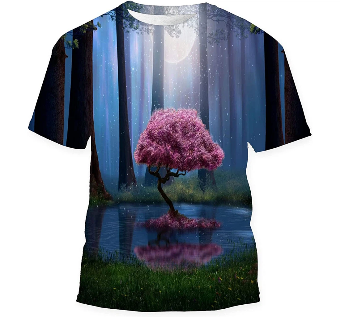 Pink Tree Pond Forest Night Photomanipulation - 3D Printed T-shirt, Long Sleeves Shirt