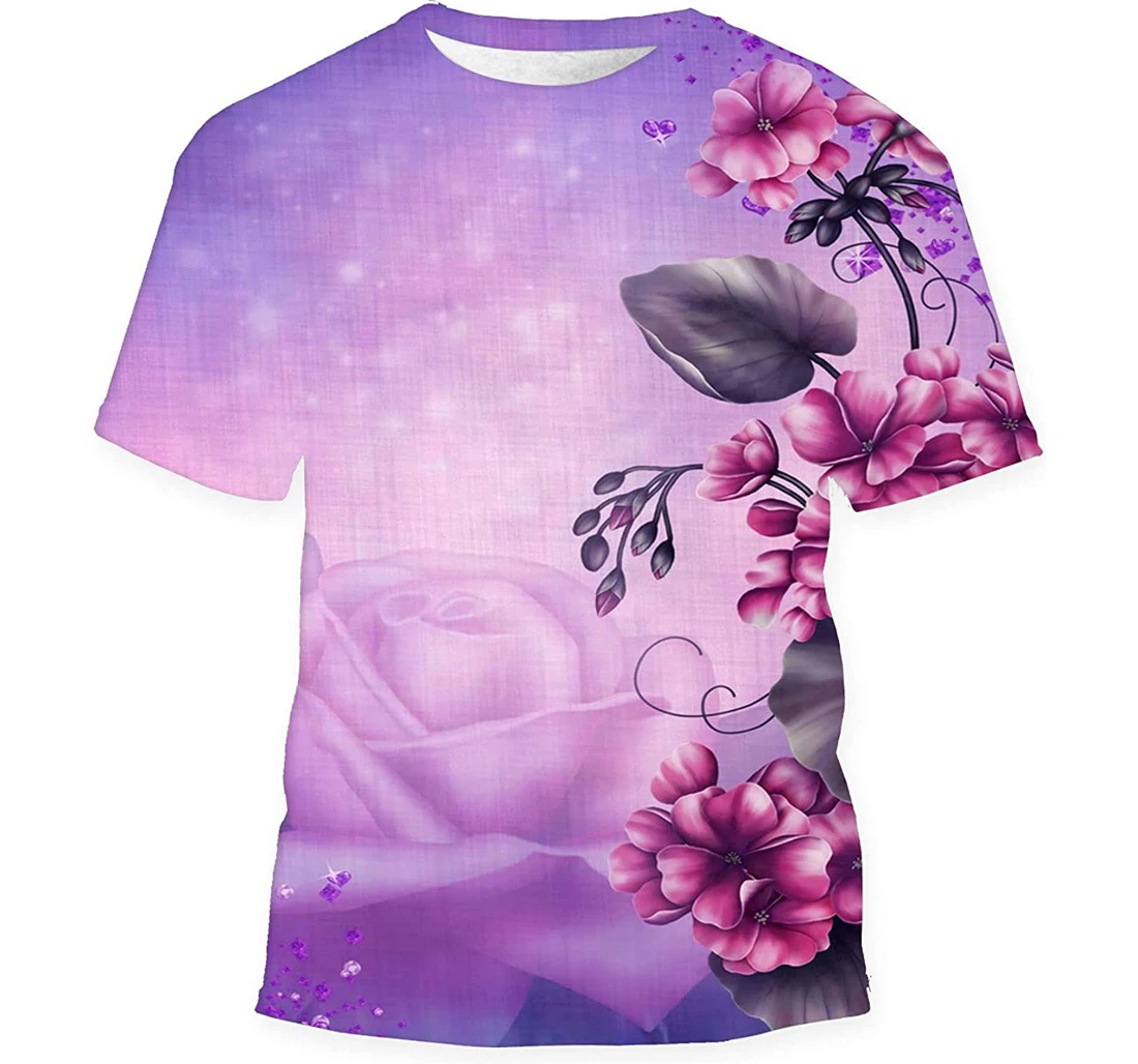 Purple Background Pink Geranium Flowers - 3D Printed T-shirt, Long Sleeves Shirt