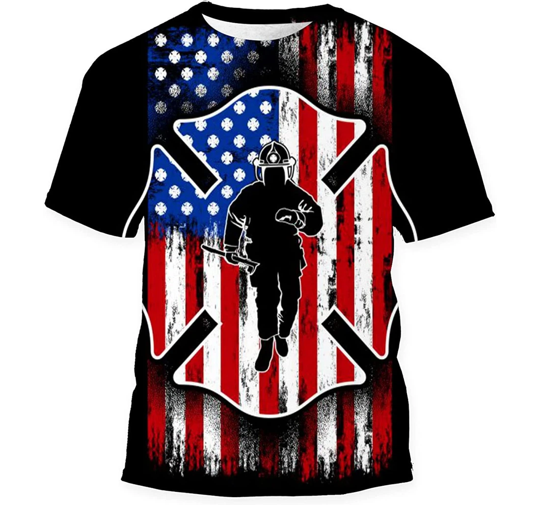 Firefighter Flag Shield Silhouette Man - 3D Printed T-shirt, Long Sleeves Shirt