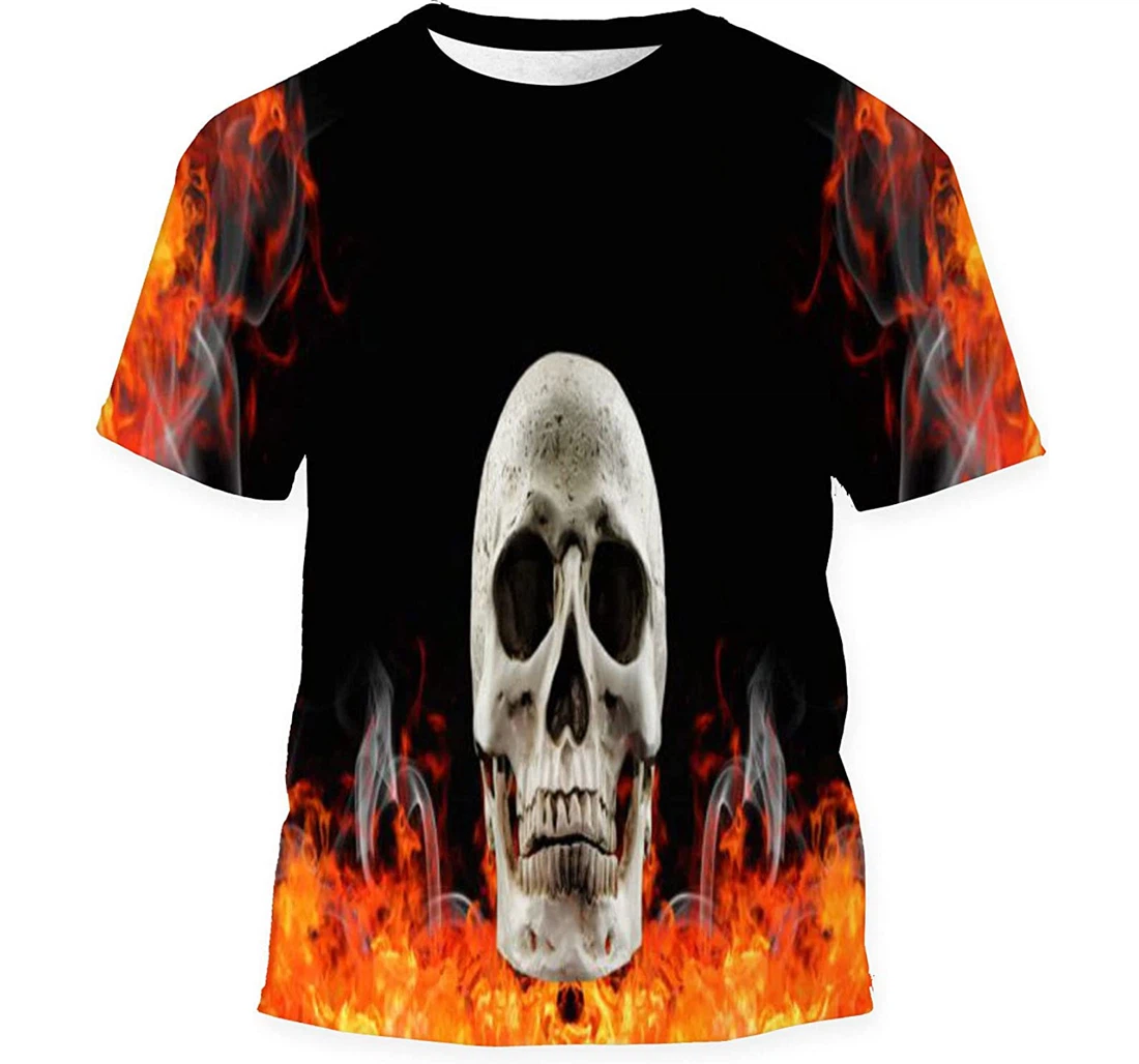 Human Skull Fire Flame - 3D Printed T-shirt, Long Sleeves Shirt