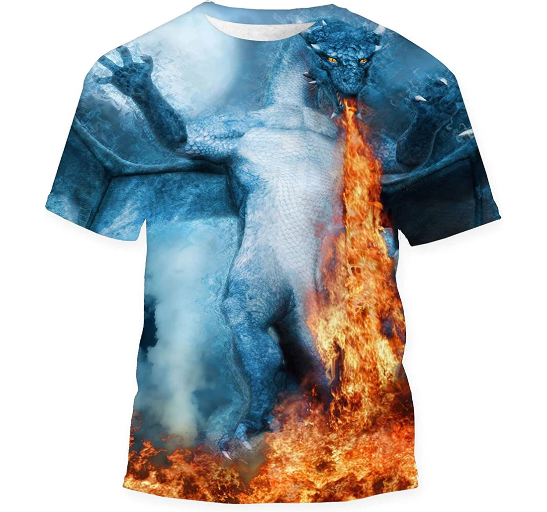 Night Scenery Blue Dragon Breathing Fire - 3D Printed T-shirt, Long Sleeves Shirt