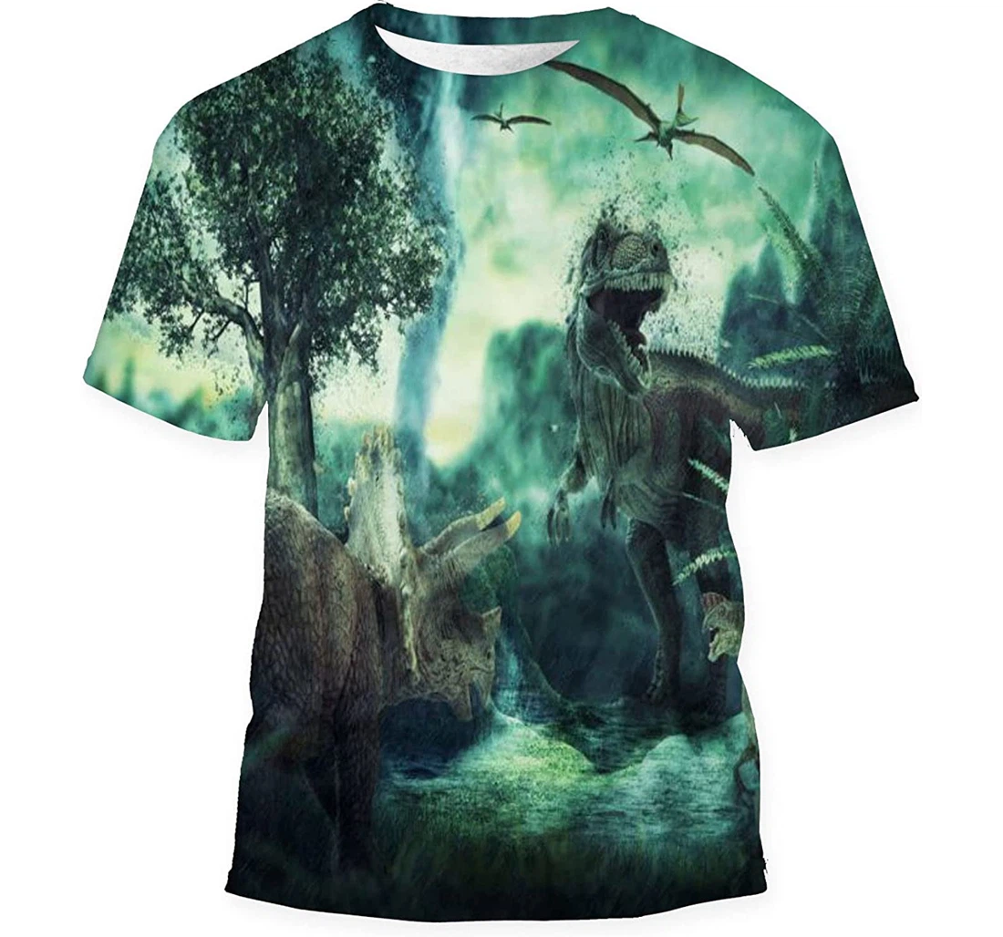 Fantasy Landscape Dinosaur Rendered Mountains - 3D Printed T-shirt, Long Sleeves Shirt