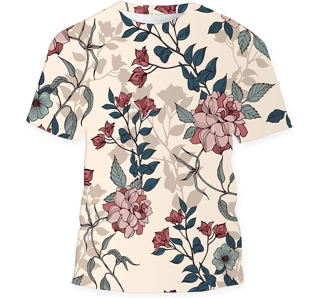 Romantic Flowers Foliage On Beige - 3D Printed T-shirt, Long Sleeves Shirt
