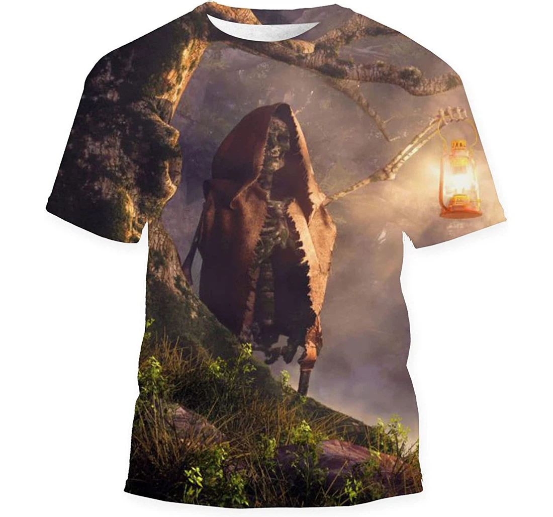 Skeleton Wearing Brown Tattered Cloak - 3D Printed T-shirt, Long Sleeves Shirt