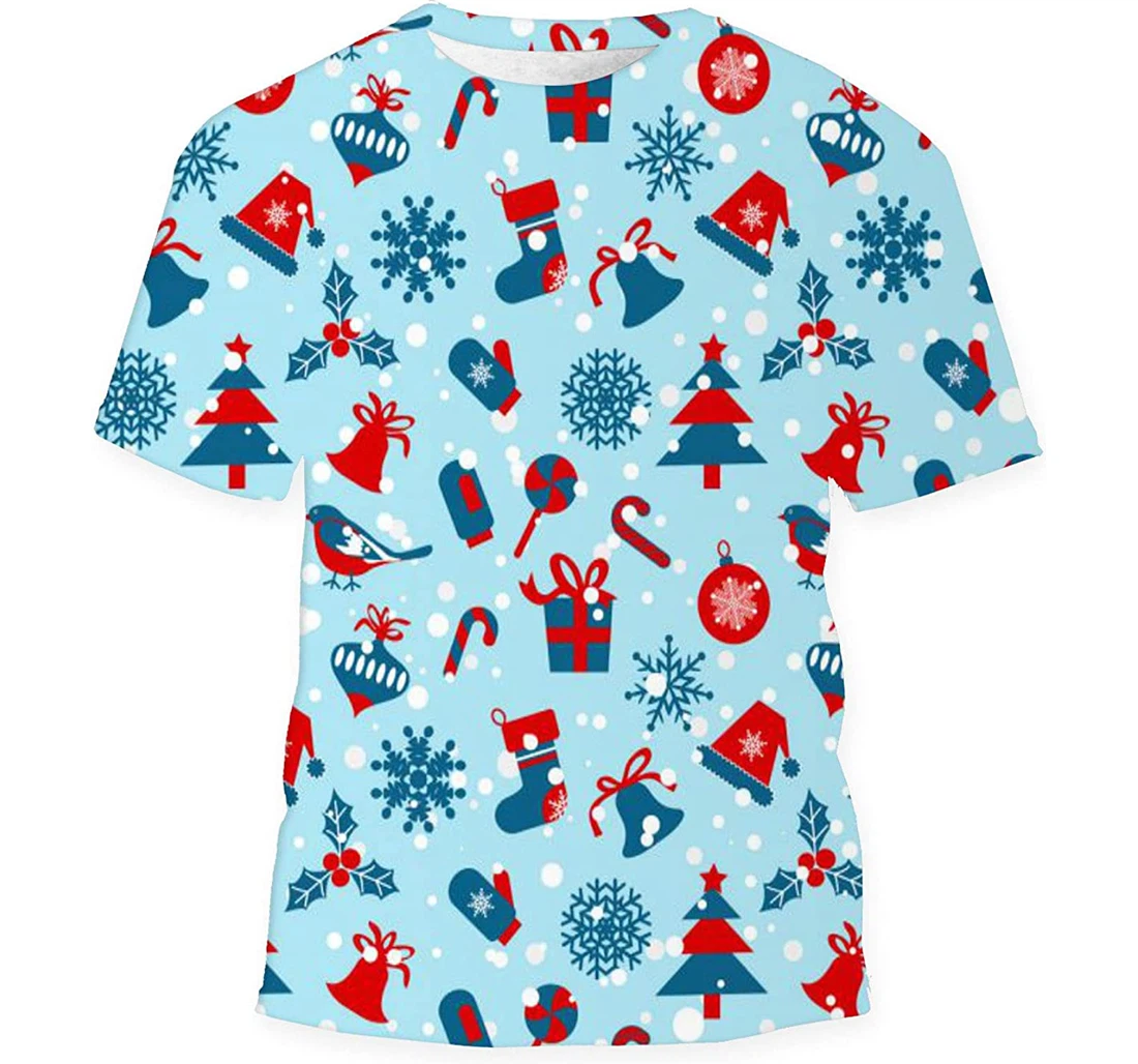 Christmas Symbols On Blue - 3D Printed T-shirt, Long Sleeves Shirt