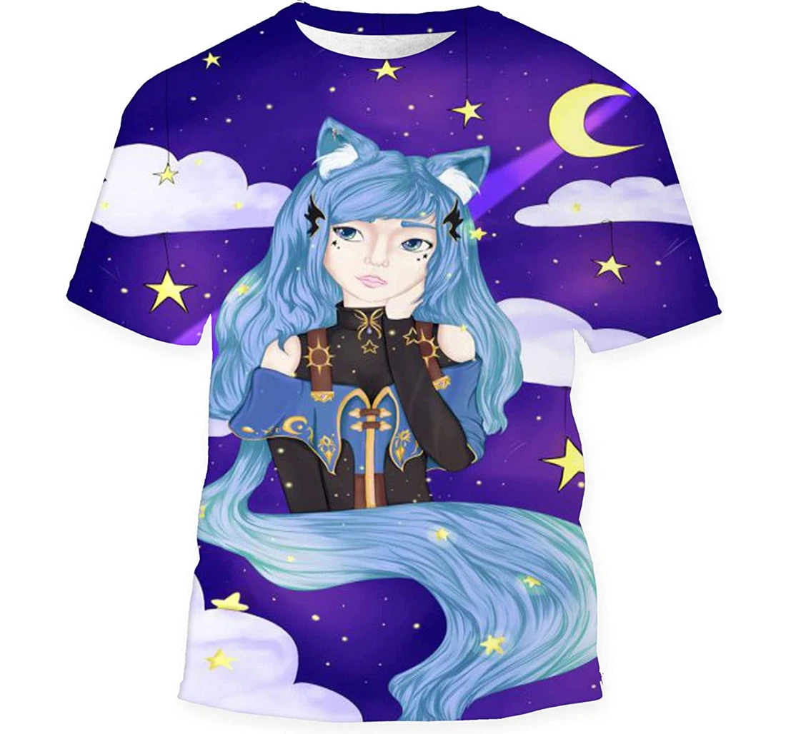 Cute Sky Girl Kitten Night - 3D Printed T-shirt, Long Sleeves Shirt