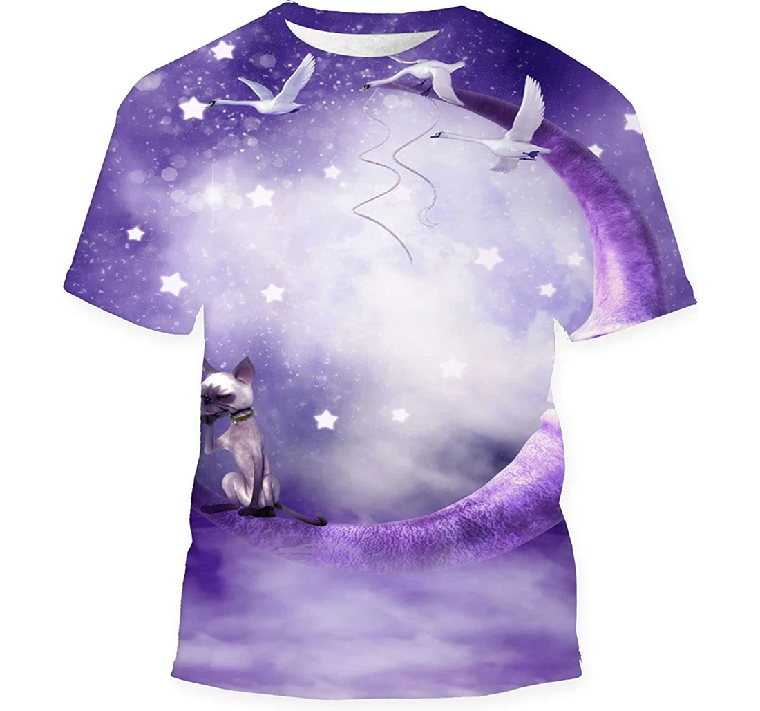 Purple Moon Swans Cat - 3D Printed T-shirt, Long Sleeves Shirt