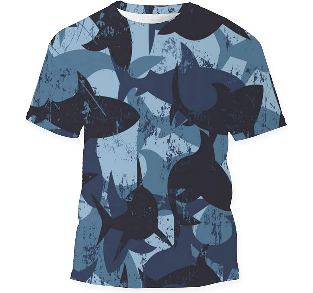 Grunge Camouflage Shark Silhouettes - 3D Printed T-shirt, Long Sleeves Shirt