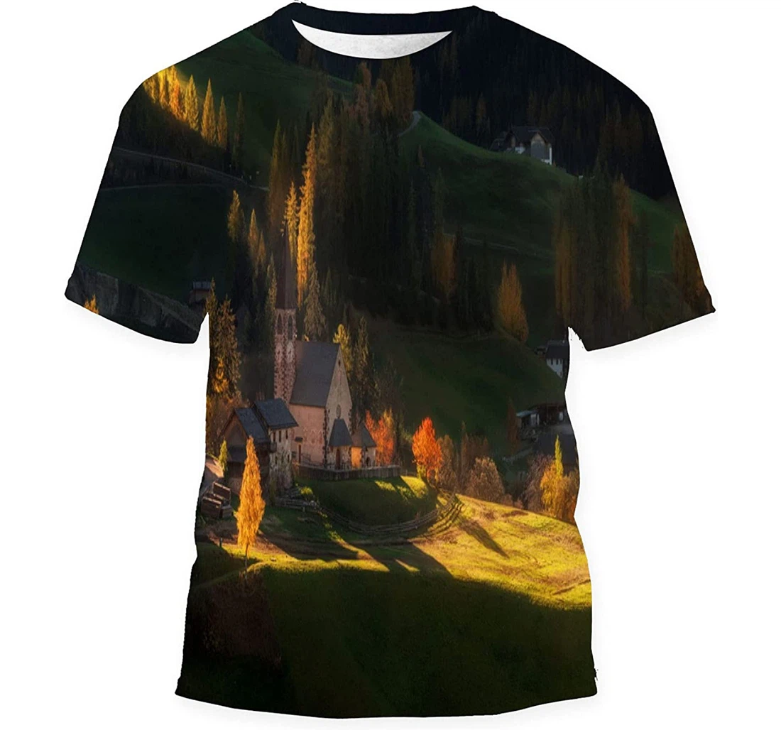 Autumn Alpine Valley View Santa Maddalena - 3D Printed T-shirt, Long Sleeves Shirt