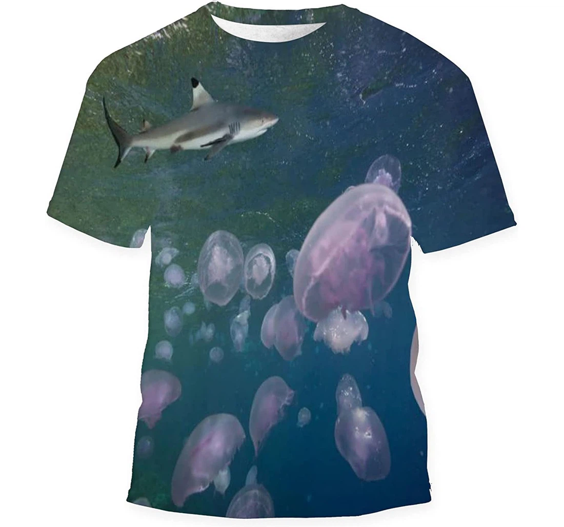 Reef Shark Swimming Shallow Water Jellyfishs - 3D Printed T-shirt, Long Sleeves Shirt