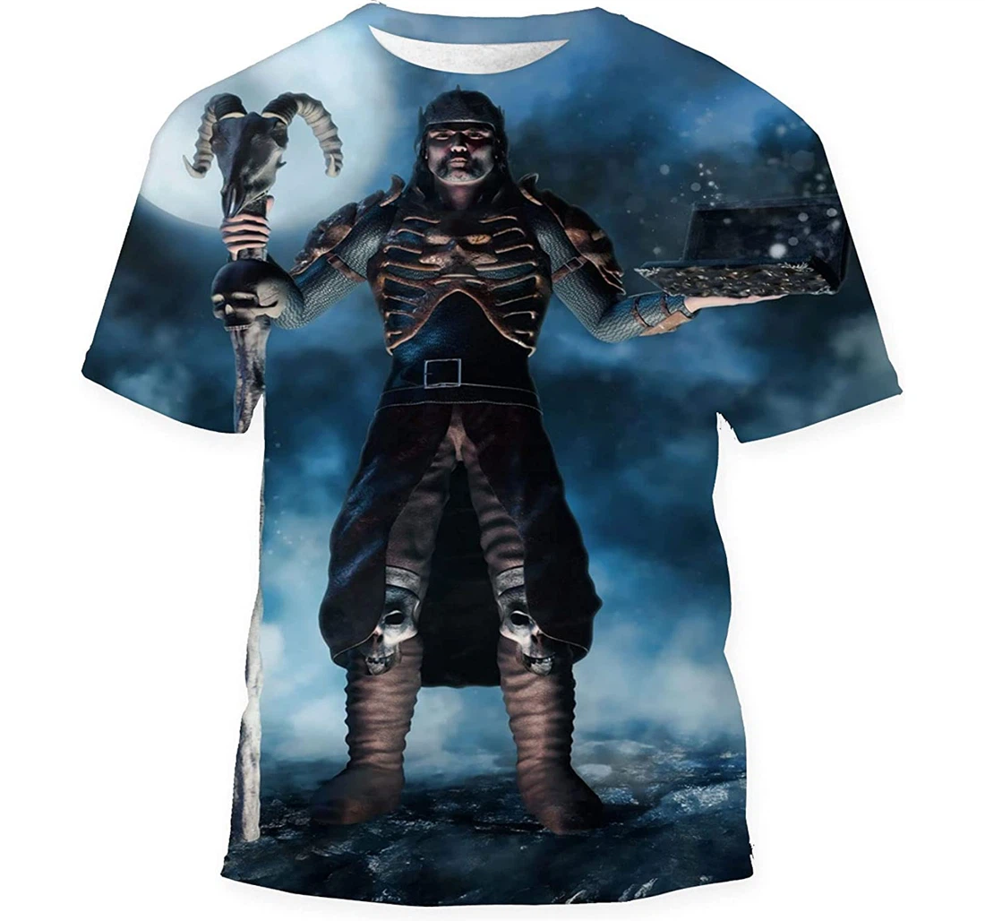 Night Scenery Sorcerer Holding Skull Staff - 3D Printed T-shirt, Long Sleeves Shirt