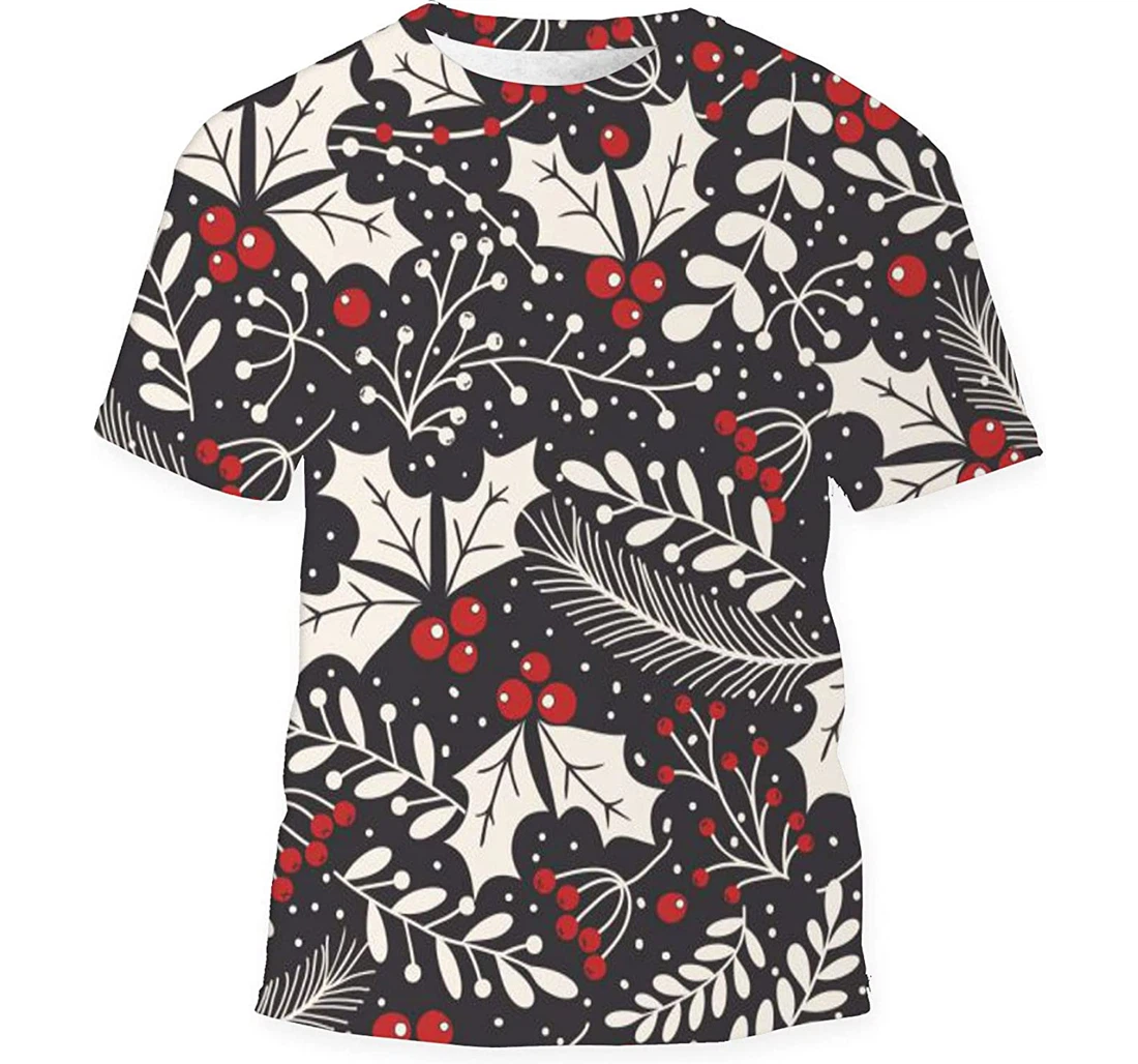 Christmas Holly Leaves Berries - 3D Printed T-shirt, Long Sleeves Shirt