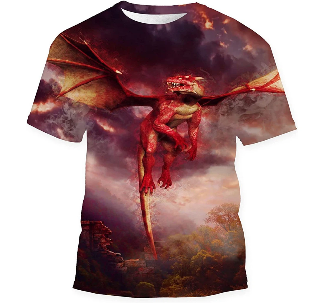 Red Dragon Flying Over Ruins Castle - 3D Printed T-shirt, Long Sleeves Shirt