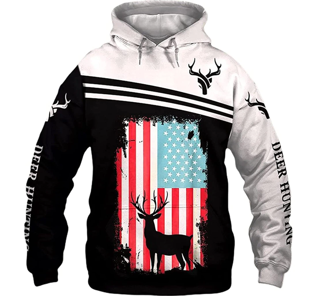 Deer Hunting Us Flag - 3D Printed Pullover Hoodie