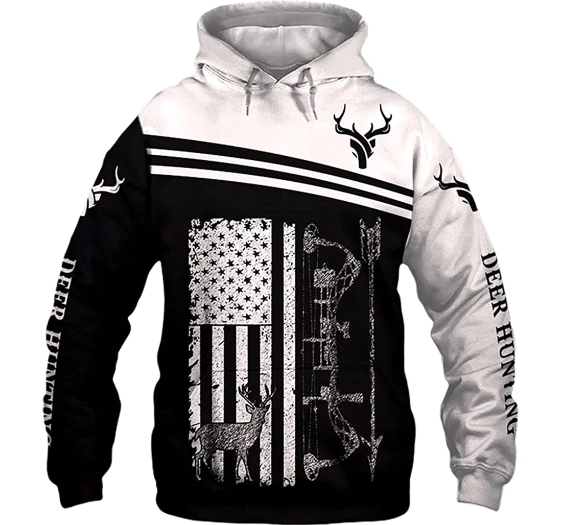 Deer Hunting Us Flag & White - 3D Printed Pullover Hoodie